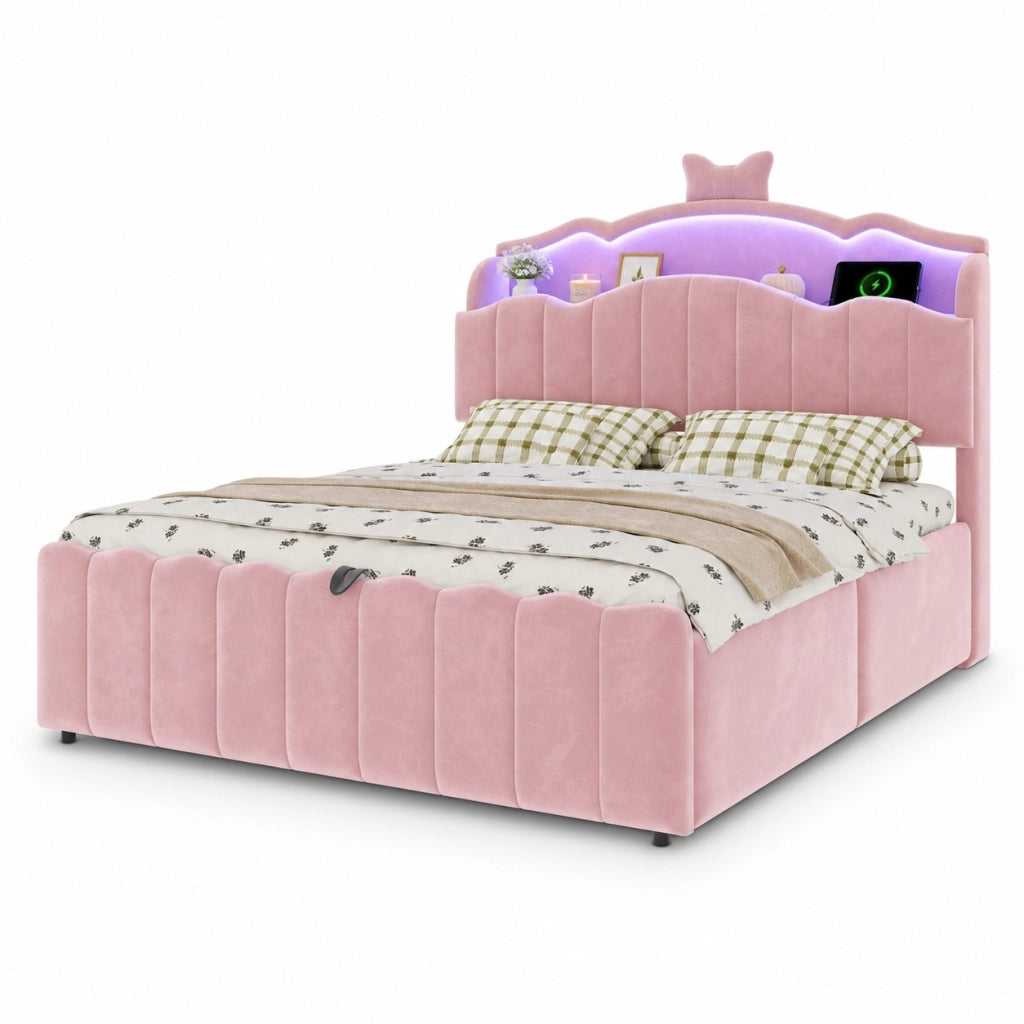 Letto imbottito per bambini 140x200 cm in velluto rosa con contenitore; LED e USB