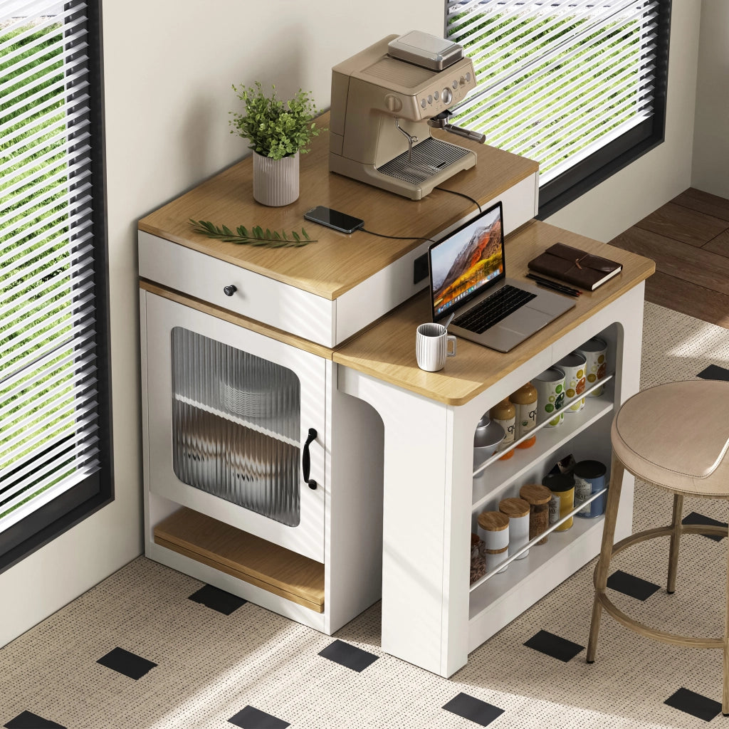 Tavolo da pranzo - isola cucina su ruote - piano estraibile - bar con prese - bianco - per cucina e sala