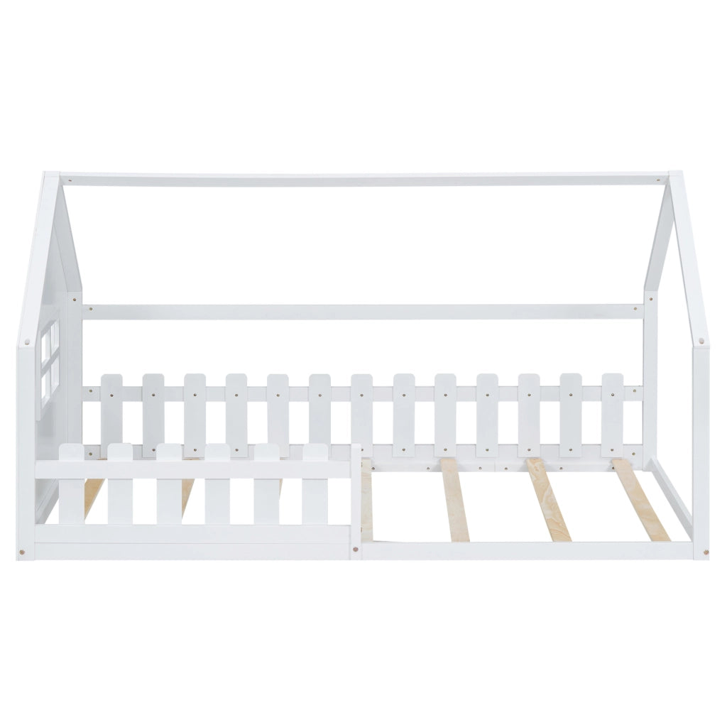 Letto per bambini 90x200 cm a forma di casetta; in pino e MDF; bianco