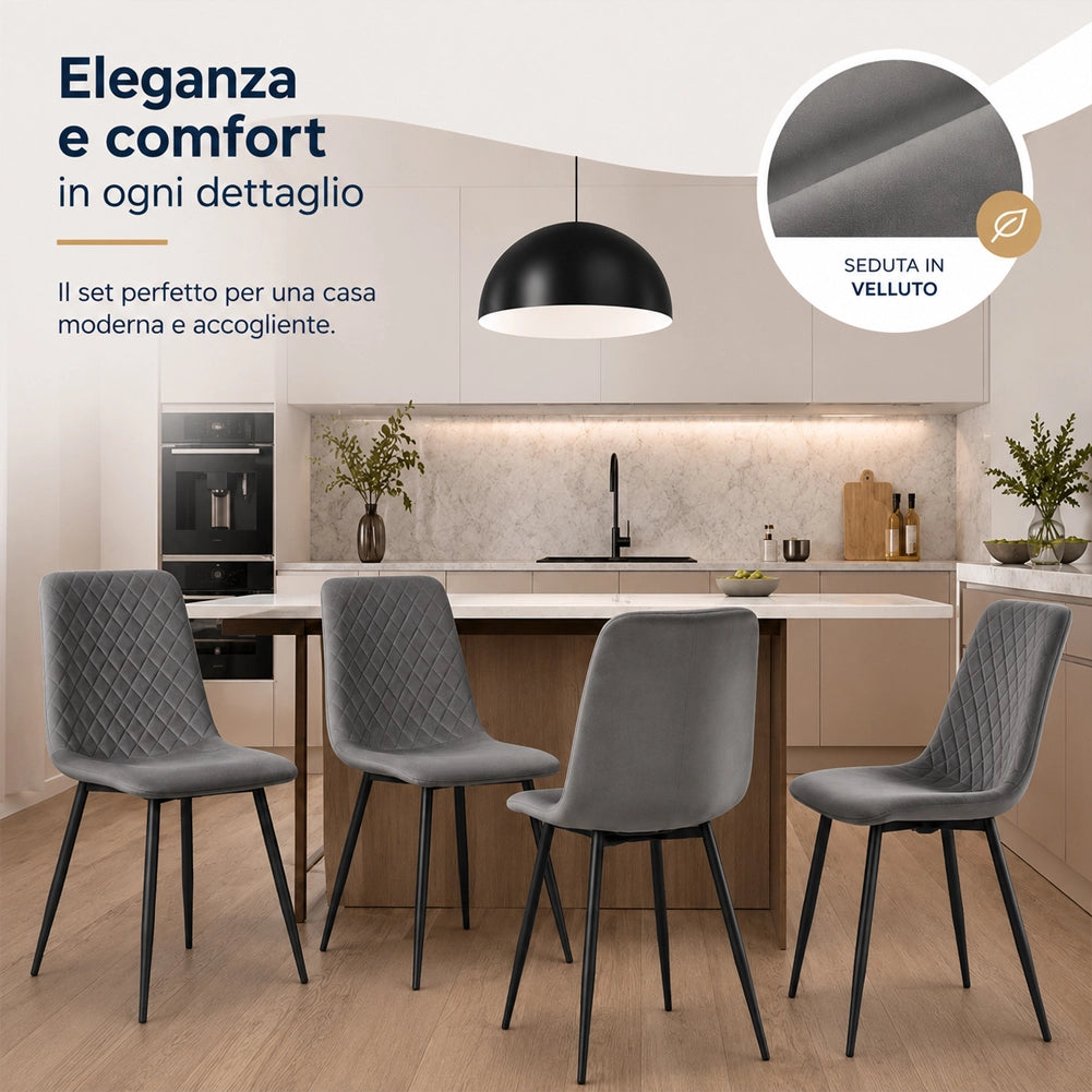 Set 4 Sedie Grigio con Rivestimento in Velluto e Piedi Neri Seduta Ergonomica