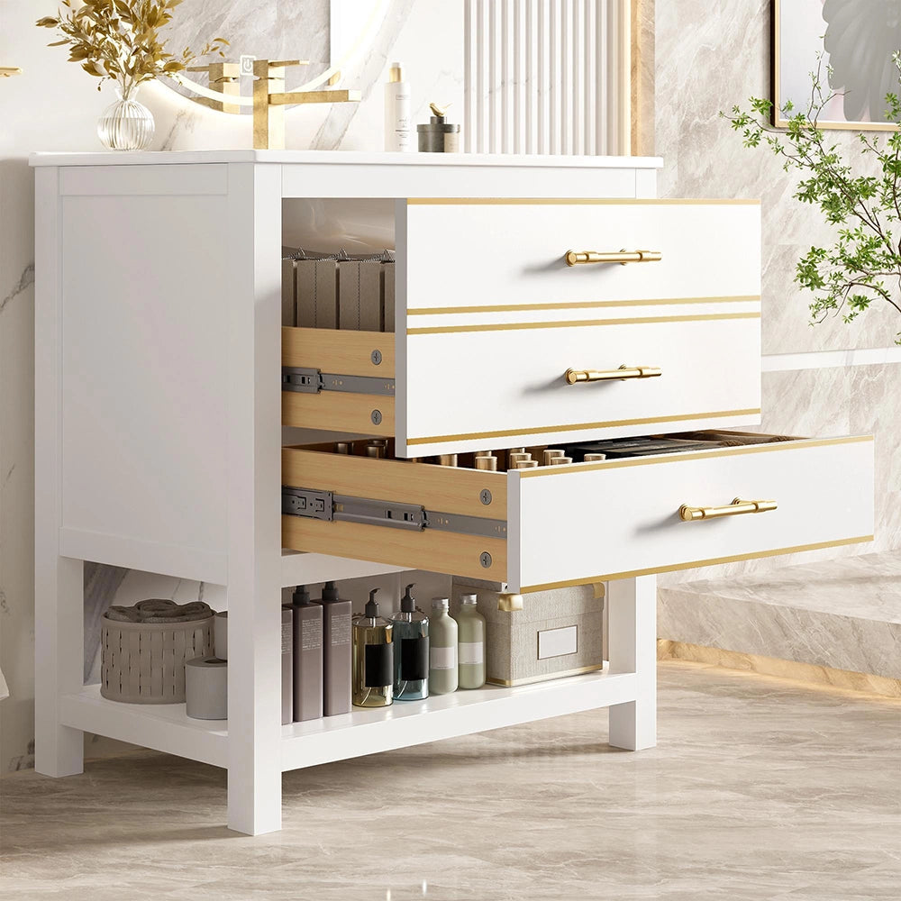 Mobile sotto lavabo in ceramica - Xylo - Bianco, 2 cassetti, maniglie dorate