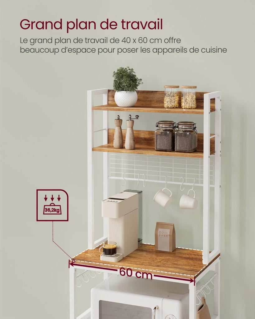 Mensola da cucina con multipresa supporto per microonde ripiano portaoggetti con pannello in rete metallica 14 ganci 40 x 80 x 170 cm bianco 12_0005671
