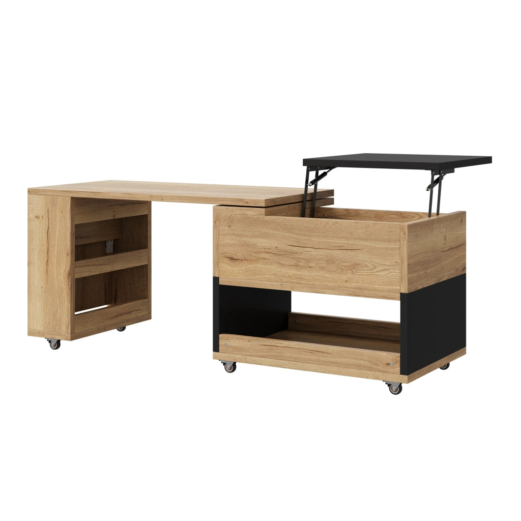 Tavolino da salotto estensibile, pannello laterale girevole a 360¡ã, piano regolabile in altezza, dotato di rotelle, disponibile nei colori legno naturale e nero