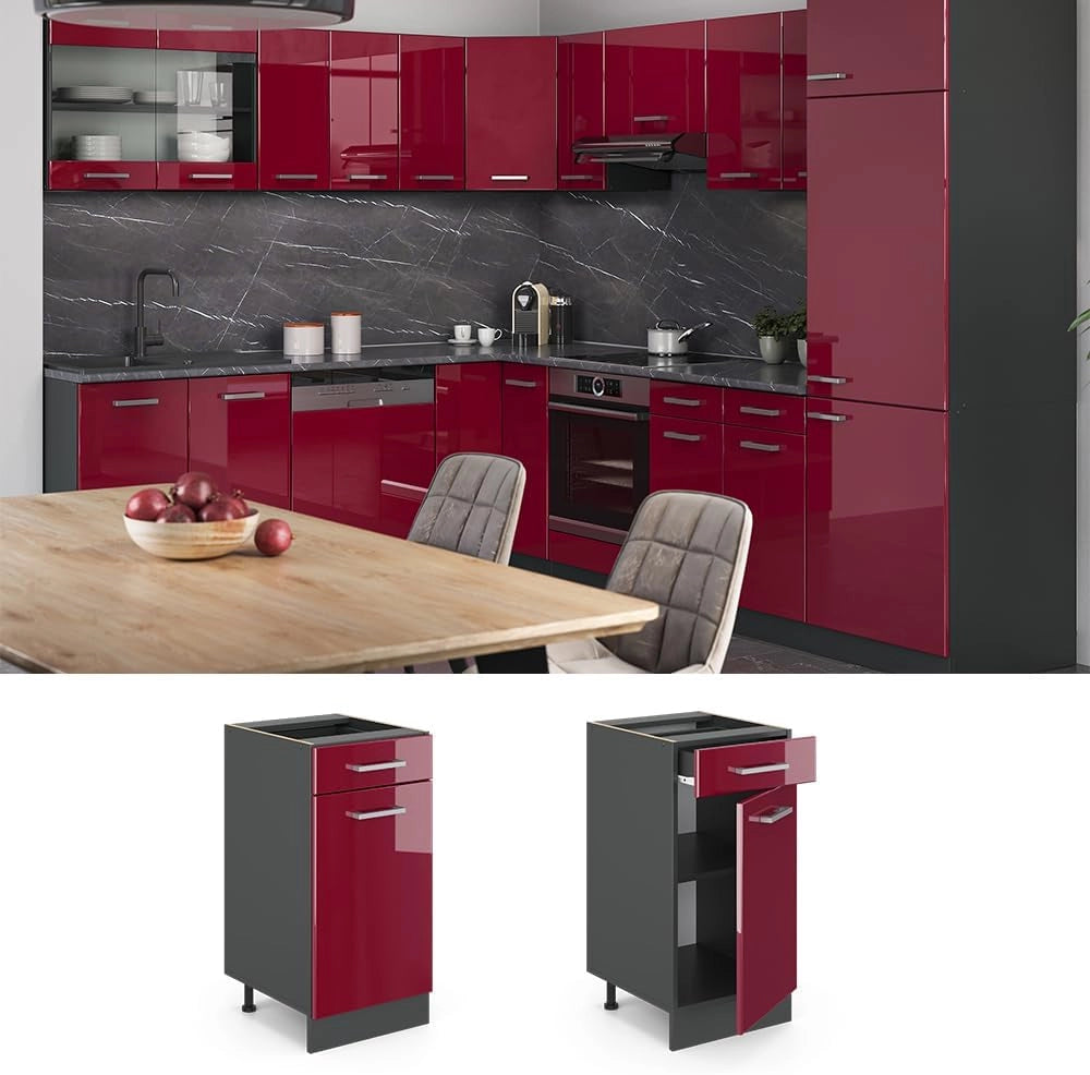 Mobiletto base per cucina R-Line, Rosso lucido, 40 cm senza piano di lavoro, per la libera combinazione all'interno di sistemi cucina modulari