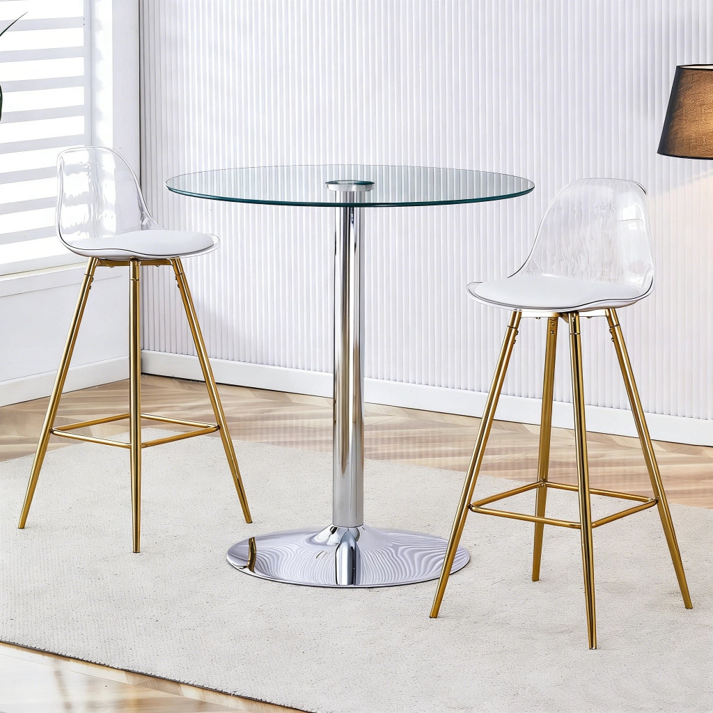 Tavolo da pranzo rotondo in vetro con 2 sgabelli da bar trasparenti e base in metallo per cucina e bar diametro 89 cm