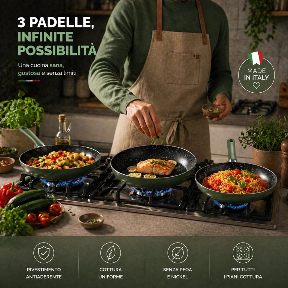 Tris Padelle Natura Più Verde da 20/24/28cm Manico Cool Touch Fondo Antiaderente