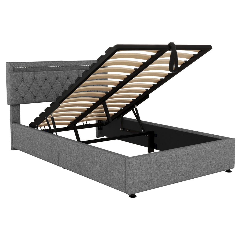 Letto imbottito 140x200 cm; LED e vano contenitore; lino grigio