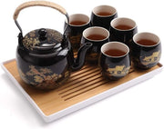 Set da tè in porcellana nera - 6 tazze - foglia da tè - gruppo da tè in acciaio inossidabile - set da tè asiatico - per adulti - stile rurale - dorato