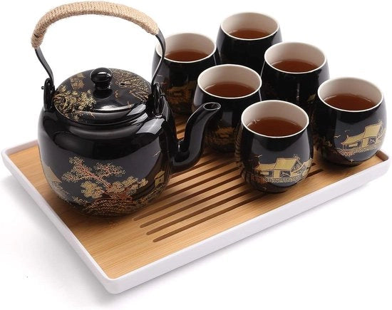 Set da tè in porcellana nera - 6 tazze - foglia da tè - gruppo da tè in acciaio inossidabile - set da tè asiatico - per adulti - stile rurale - dorato