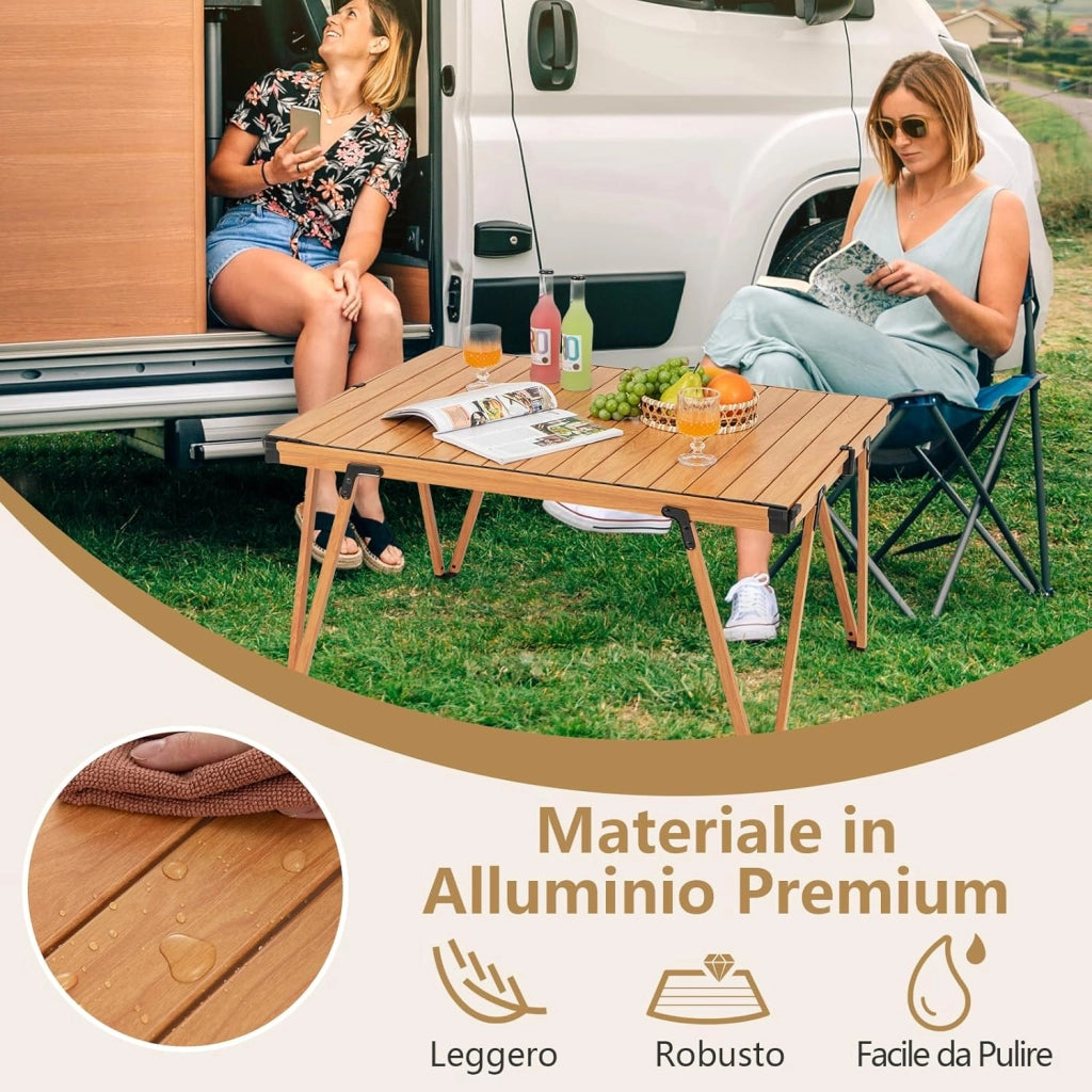 Tavolo da Campeggio Pieghevole, Tavolo da Picnic con Borsa Trasporto e Piano Impermeabile, con Struttura in Alluminio, per Giardino Campeggio, Portata 80 kg (Naturale)