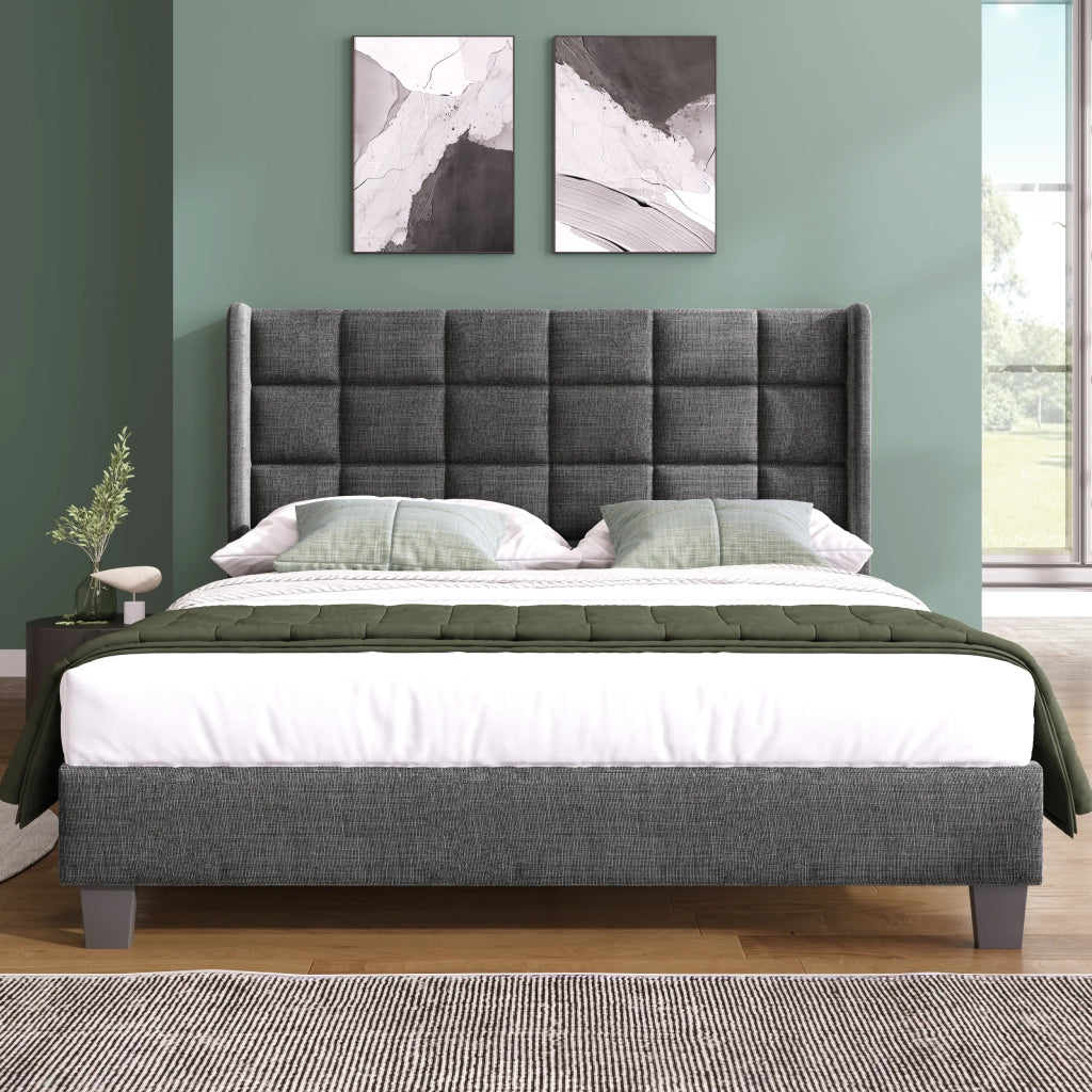 Letto Matrimoniale 140 x 200 cm; Letto Imbottito con Testiera Alta e Rete a Doghe; senza Materasso; Lino Grigio
