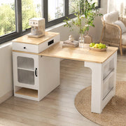 Isola da cucina con tavolo estensibile e prese integrate; MDF e vetro; bianco e naturale