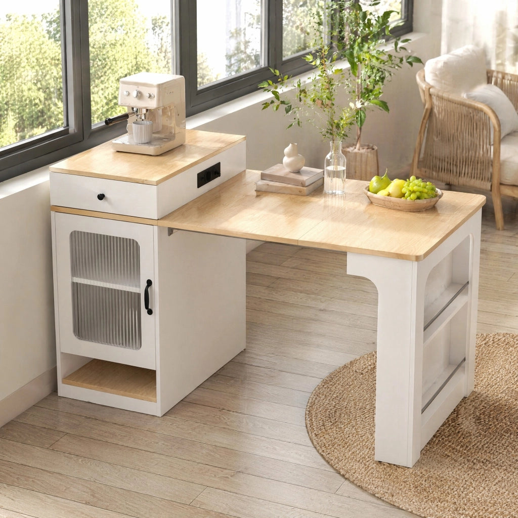 Isola da cucina con tavolo estensibile e prese integrate; MDF e vetro; bianco e naturale
