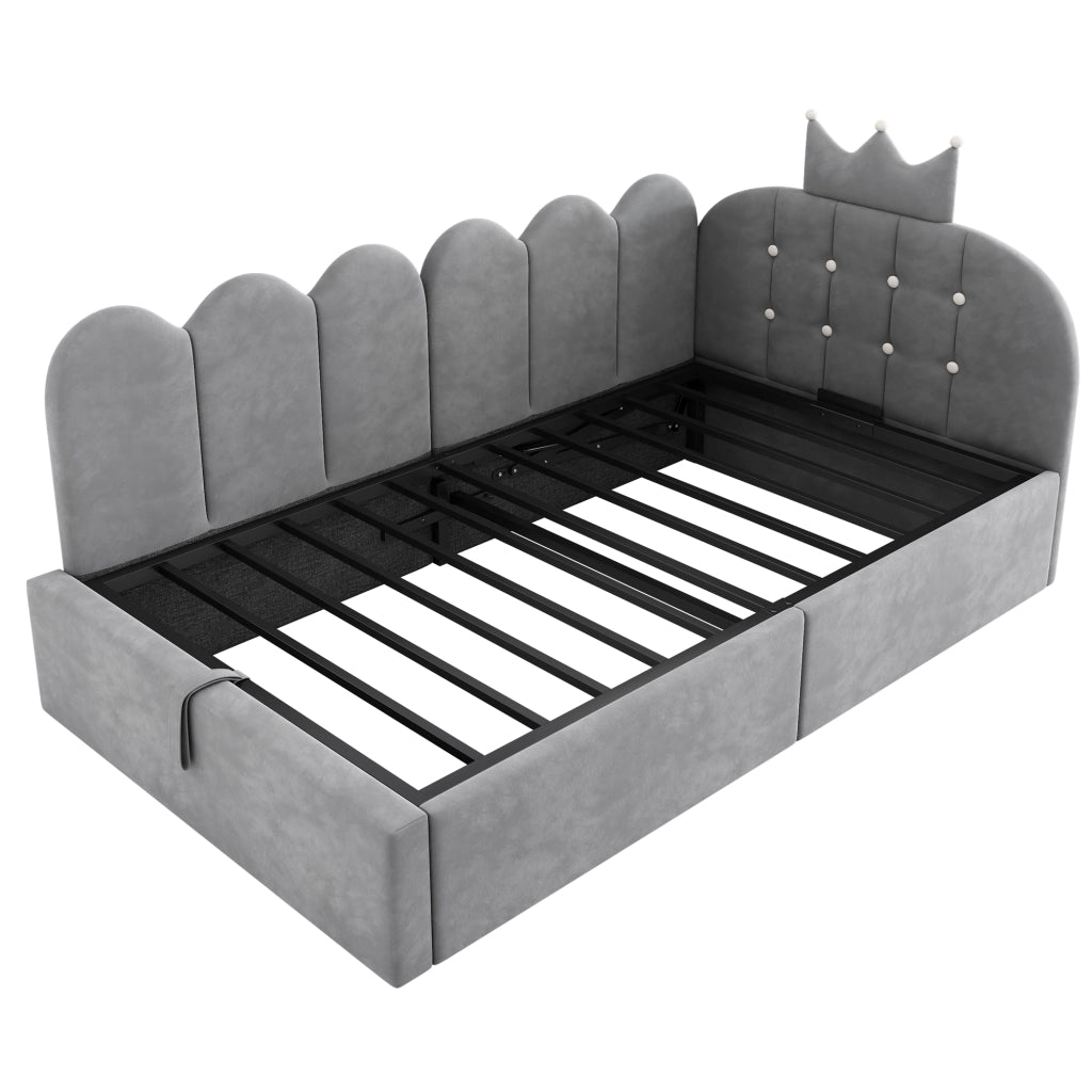 Letto singolo contenitore in velluto grigio 90x200 cm, design a corona, con rete a doghe, senza materasso