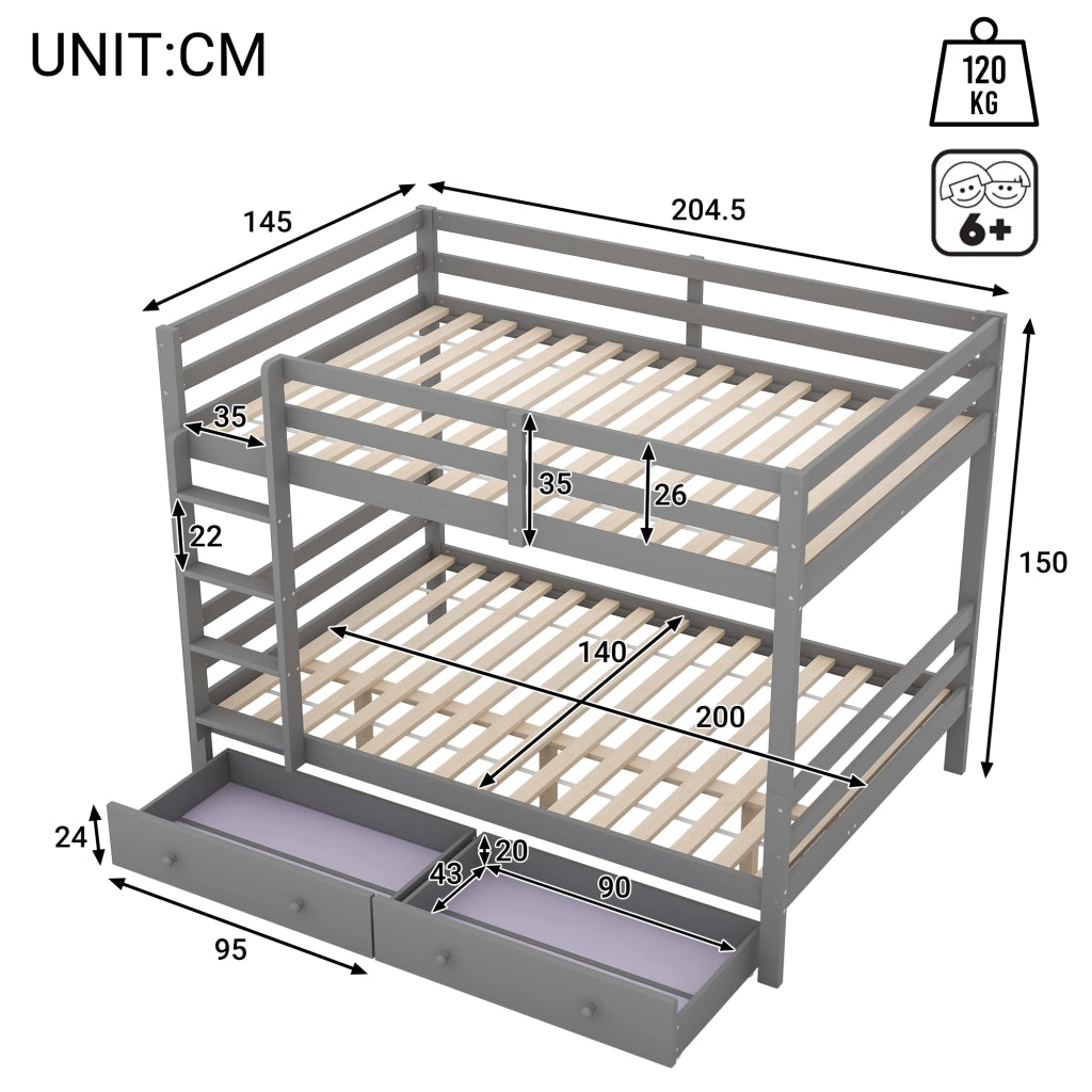 Letto a castello funzione contenitore pino grigio 140x200 cm