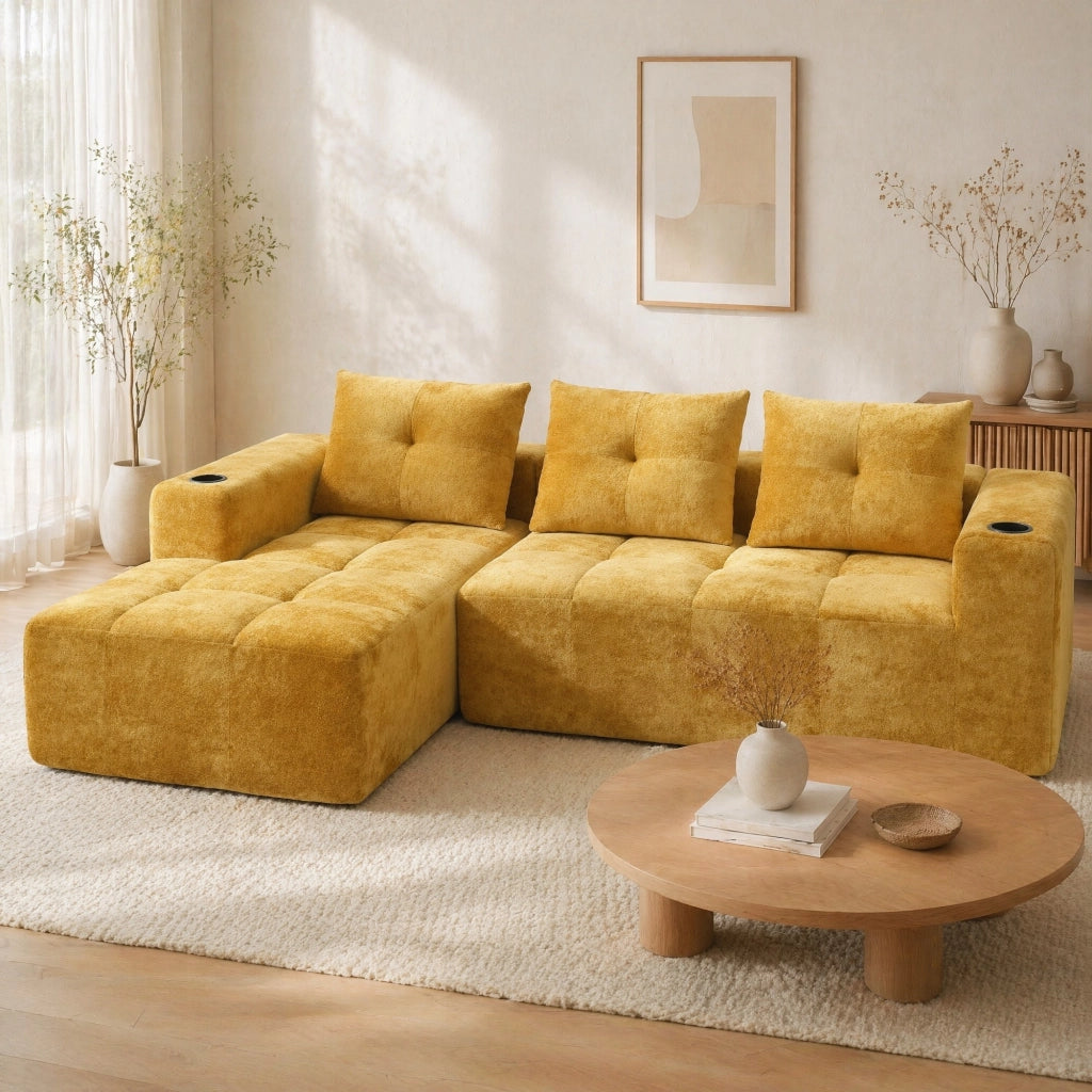 Divano 258x163x68 cm con portabicchieri in cheniglia giallo
