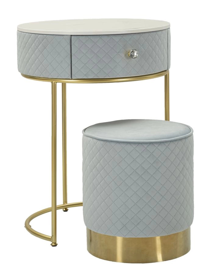 Comodino Toeletta con Puff Vellit Celeste Ø52x70 cm - Ø36x39 cm in Pino e MDF e Metallo