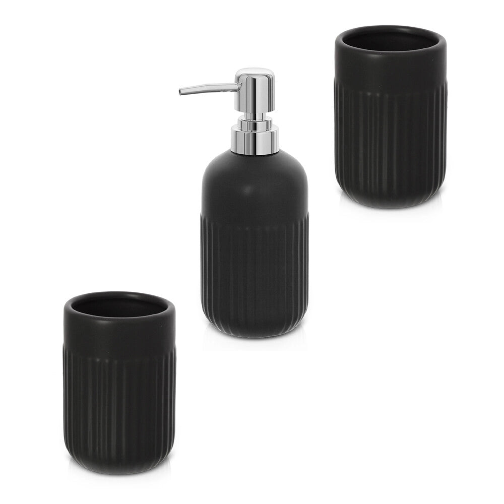 Set accessori bagno in ceramica nera opaca con dispenser sapone e due portaspazzolini Cup