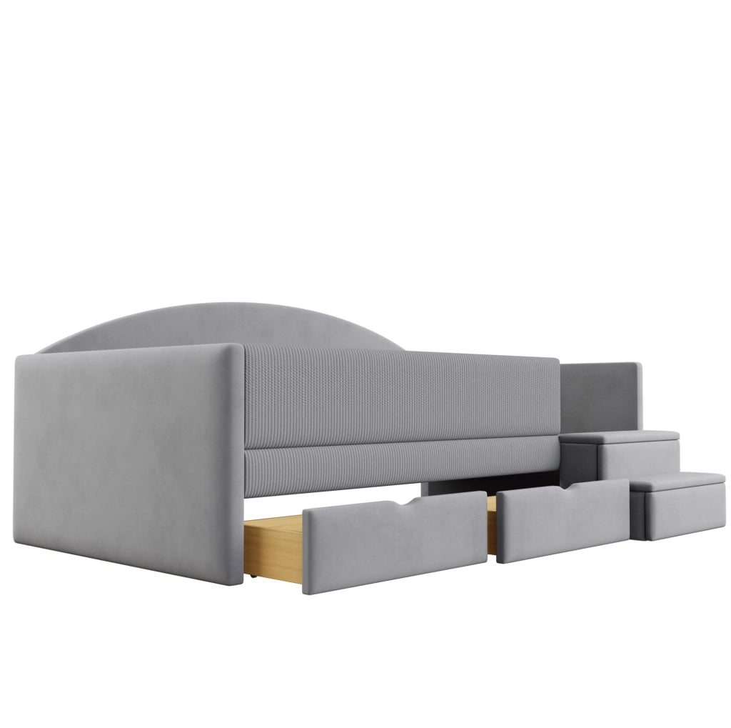 Letto imbottito con cassetti e gradini 90 x 190 cm grigio acqua