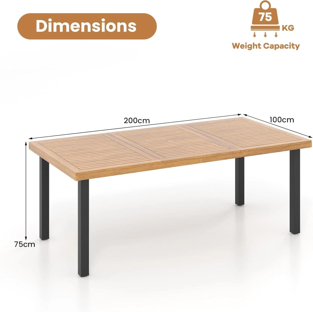 Tavolo da Giardino con Foro per Ombrellone, Tavolo da Pranzo in Legno di Acacia, Tavolo Rettangolare per 8 Persone, 200 x 100 x 75 cm, per Esterni, Balcone, Cortile, Patio (Modello C)