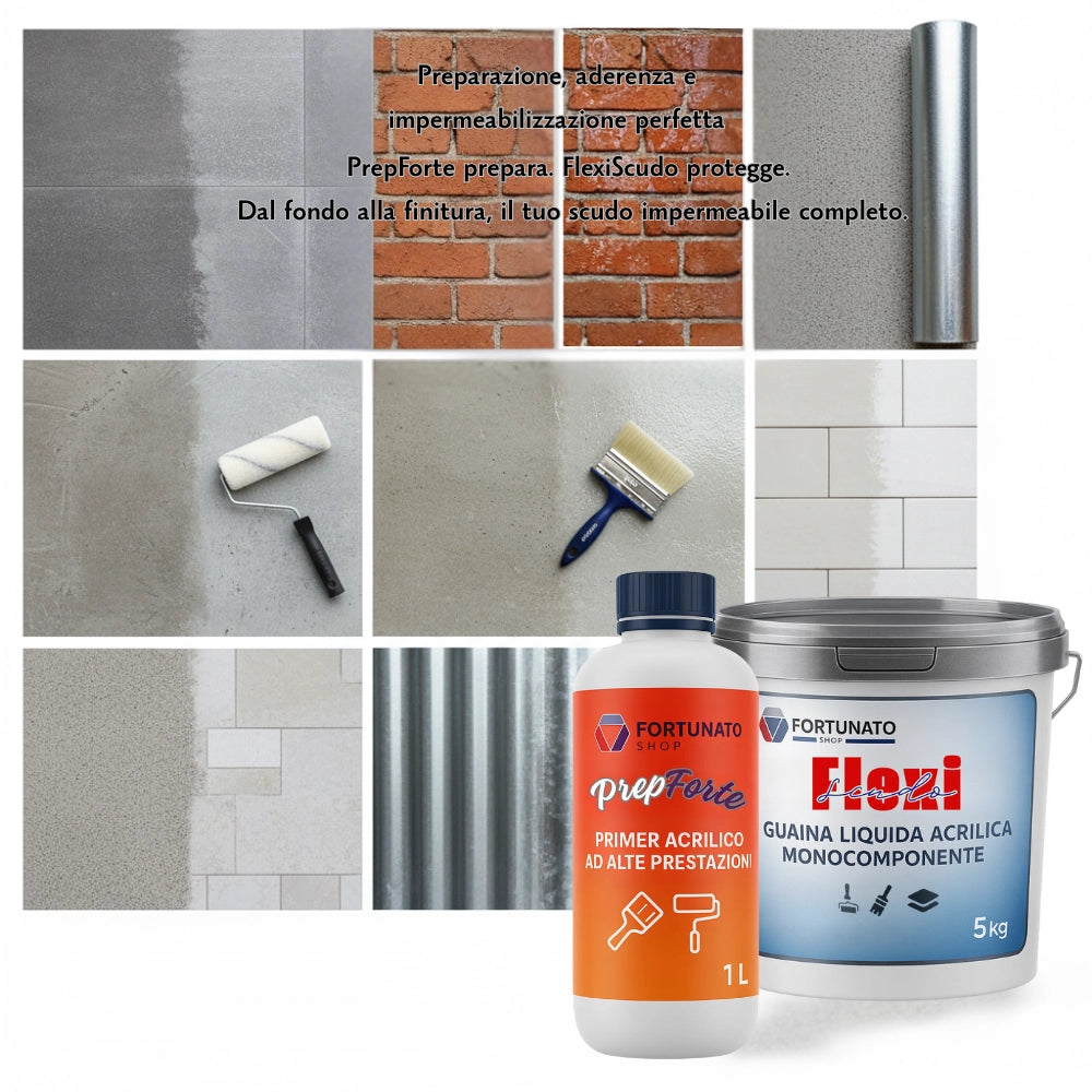 Soluzione professionale impermeabilizzante prepforte + flexiscudo per protezione superfici *** formato 5 kg + 1 l (do...
