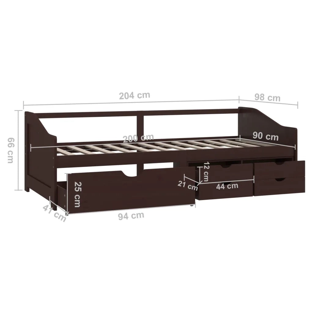 Divano Letto 3 Posti e Cassetti Marrone Scuro in Pino 90x200cm 322172