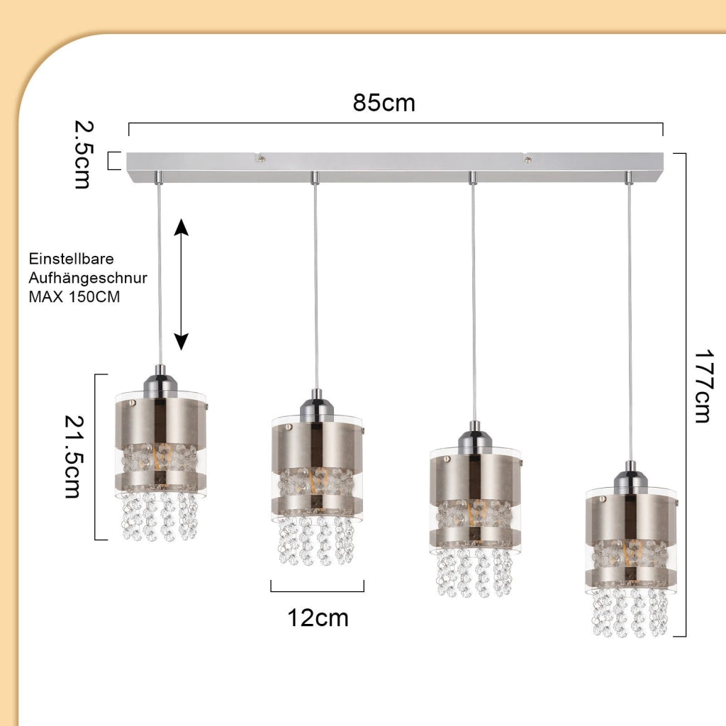 Lampada a Sospensione ZMH Moderna con Cristalli 4 Luci Regolabile Vetro per Sala da Pranzo Senza Lampadina 150cm