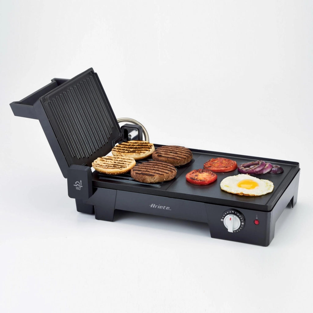 Ariete 1916 Multi Grill 3 in 1 - Griglia Elettrica, Barbecue, Piastra liscia e rigata - apertura a 180° - Termostato regolabile - 2400 Watt - Nero