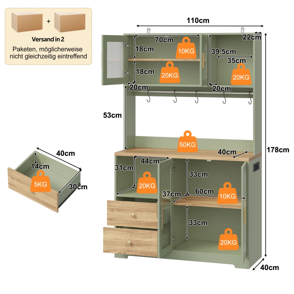 ARMADIO CUCINA 110x40x178 cm MDF Verde Antico con LED e prese USB