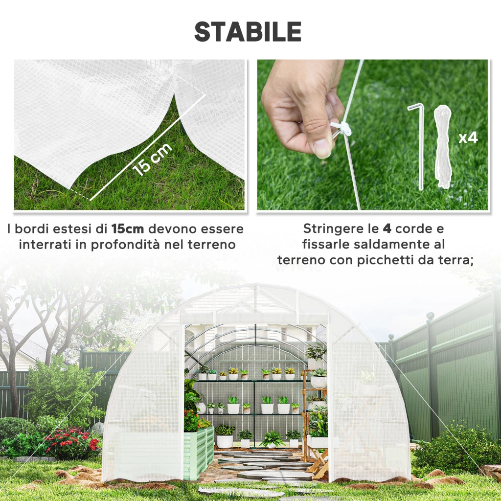 Serra a Tunnel 8x3x2 m con Rivestimento in Plastica e Acciaio Rinforzato, Bianco