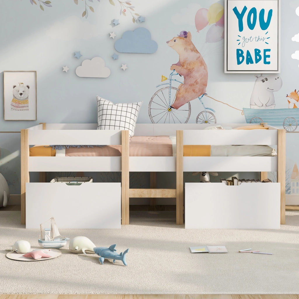 Letto con Cassetti Letto Singolo; Sponda di Sicurezza e Scala; 90×190 cm; senza Materasso; Legno Massello; Bianco