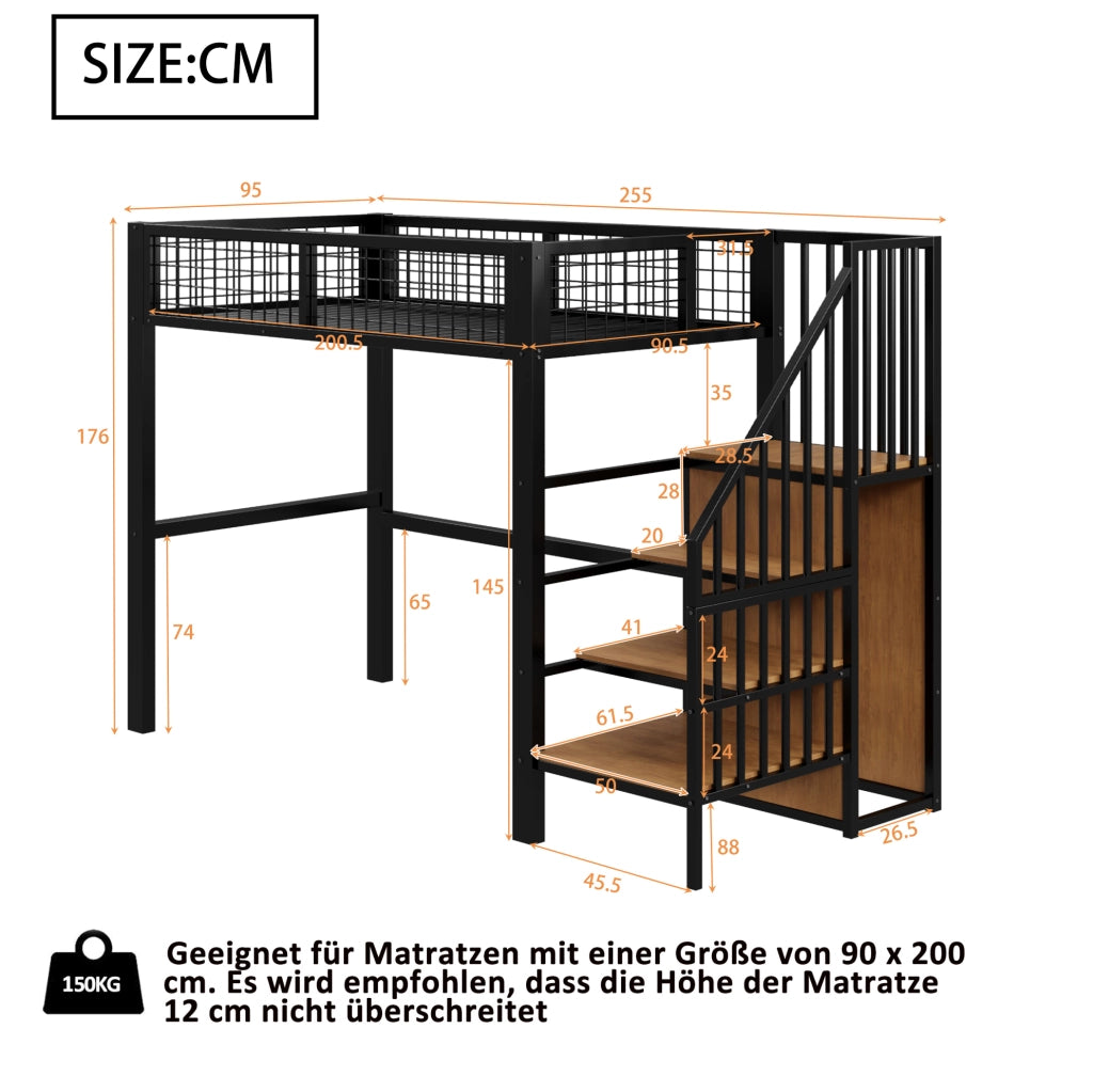Letto a soppalco 90x200 cm con scala e armadio in metallo e MDF nero
