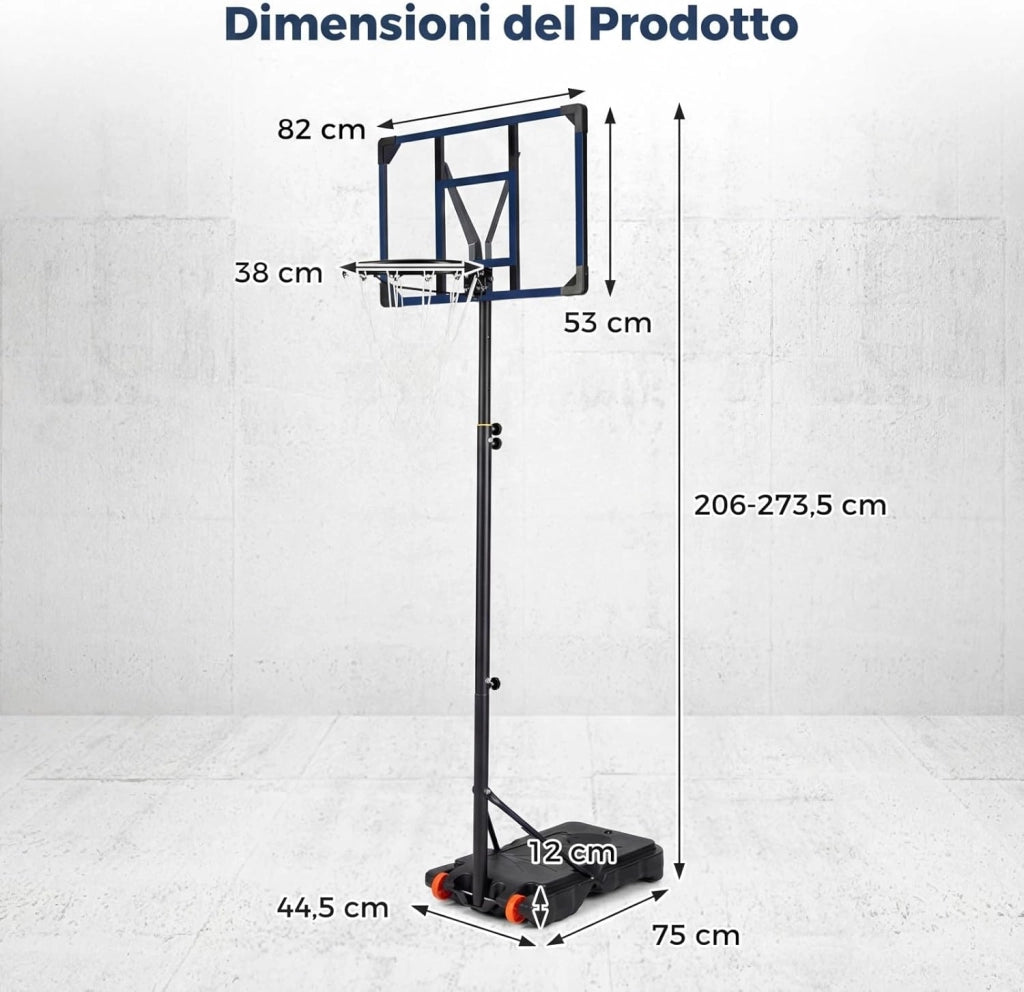 Canestro da Basket da Esterno, Canestro da Basket per Bambini con Altezza Regolabile 206-273,5 cm, Tabellone 82 cm e Base Riempiibile con Ruote, Sistema di Basket Portatile da Interno