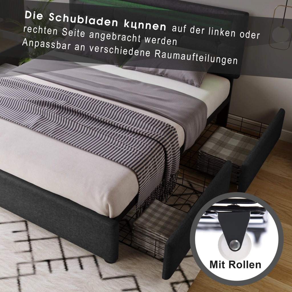 LETTO imbottito con LED e 4 cassetti 140x200 cm grigio