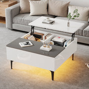 Tavolino 70x70x35 cm sollevabile con LED; in MDF; bianco e grigio