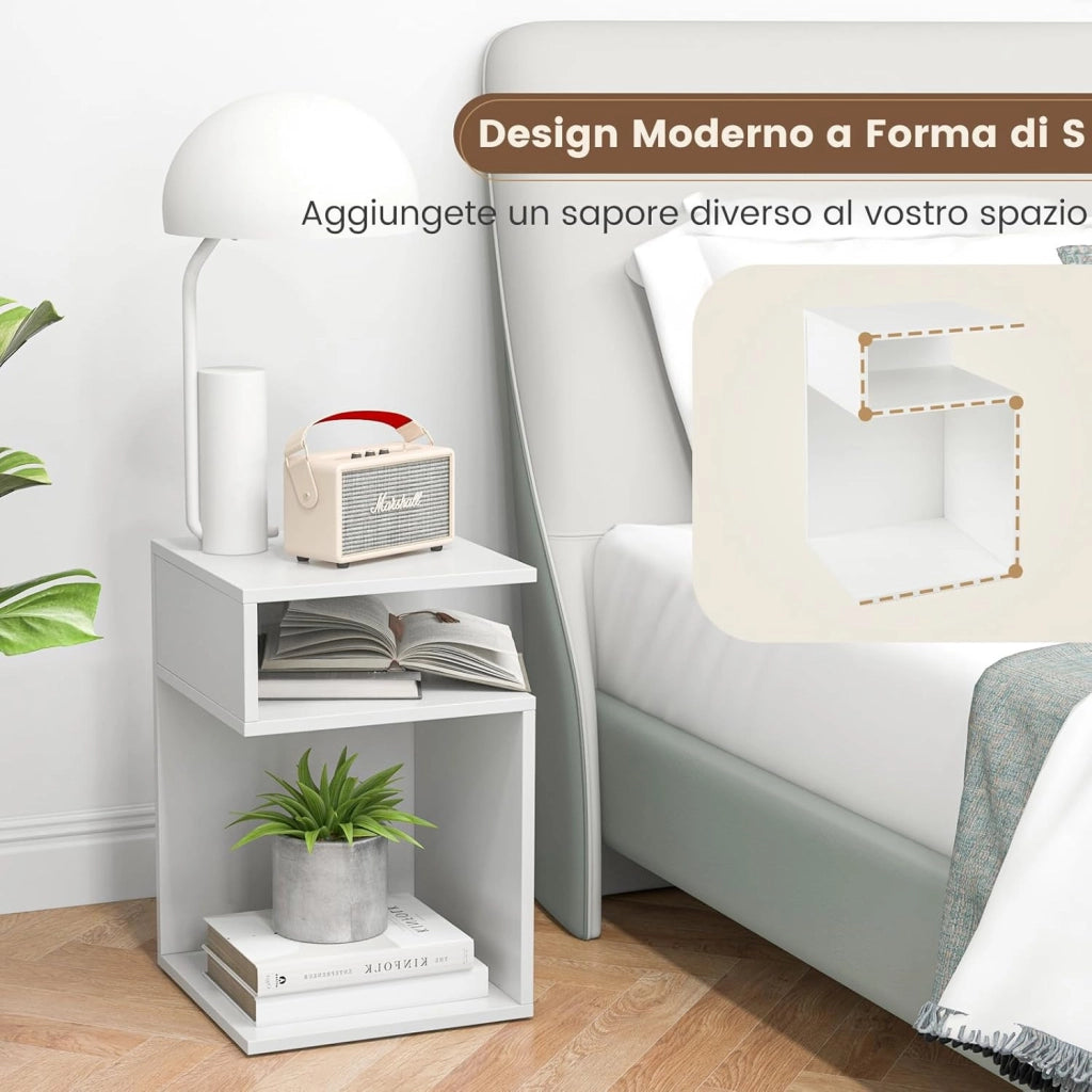 COSTWAY Tavolino Laterale da Salotto a Forma di S per Piccoli Spazi, Tavolino per Divano con 2 Scomparti Aperti, Comodino Moderno per Soggiorno, Camera da Letto e Studio, Bianco