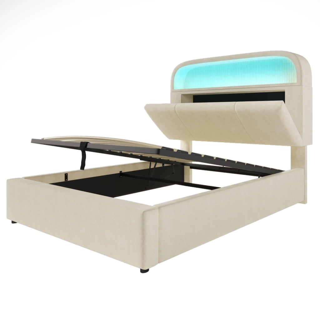 Letto singolo imbottito 90x200cm con testiera di stoccaggio regolabile; LED; USB C e materasso