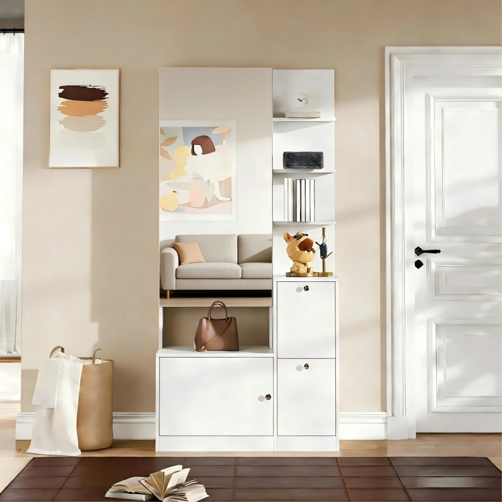 Mobile ingresso 85x40x180 cm con specchio; 2 ante; 5 ripiani e scarpiera; bianco