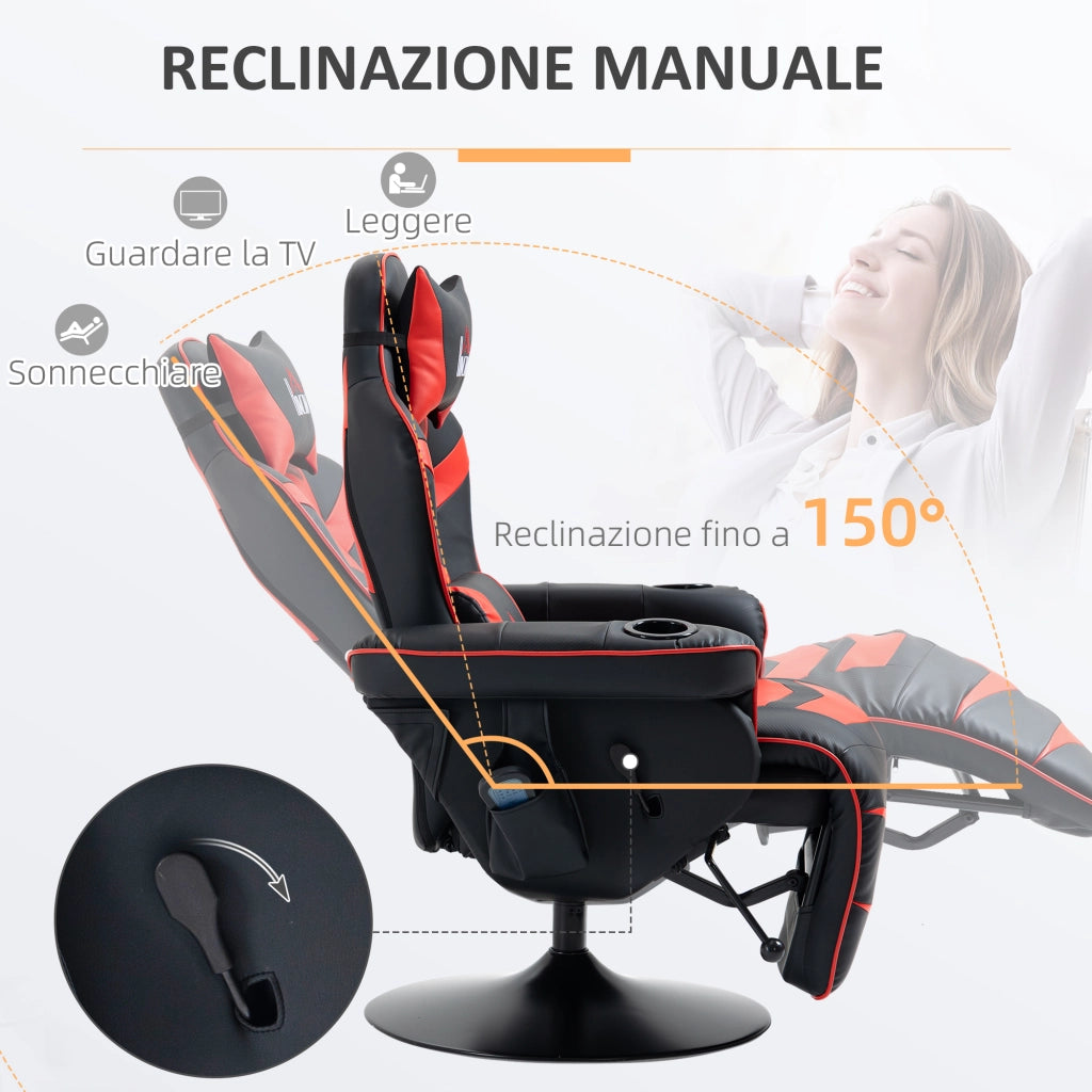 Sedia da Gaming Massaggiante con Poggiapiedi e Cuscino, in Finta Pelle, 78x80x111.5 cm, Nero e Rosso