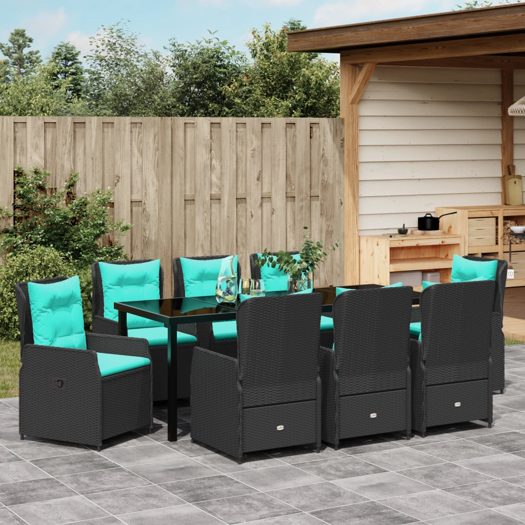 Set da Pranzo da Giardino 9 Pezzi in Polyrattan Nero