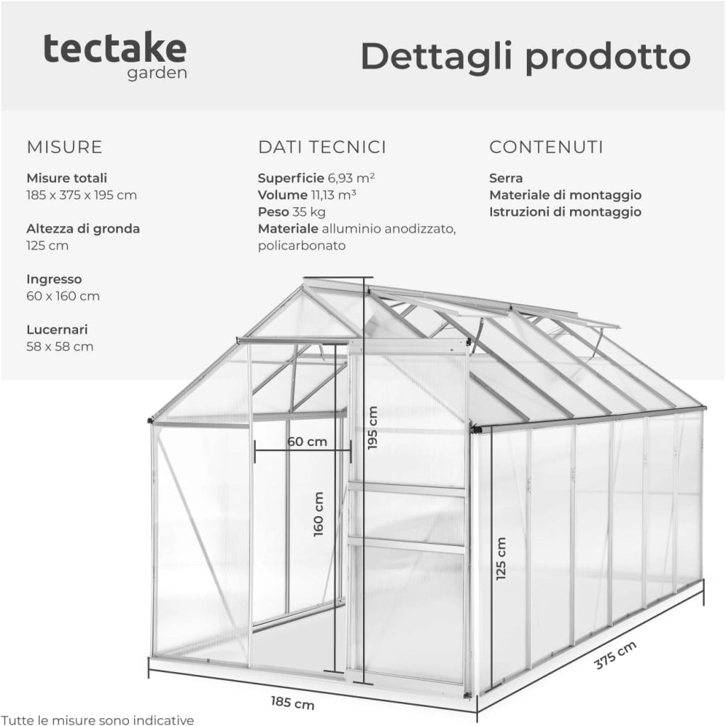 Serra da Giardino con Telaio in Alluminio Anodizzato, Serra per Orto con Lastre Alveolari Termoisolanti, Serra con Porta Scorrevole, Finestra a Tetto per Ventilazione - 375x185x195 cm