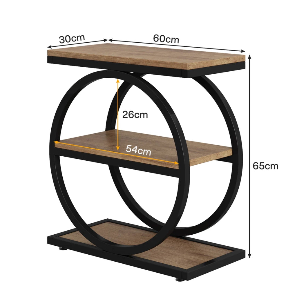 Tavolino basso fisso a 3 ripiani in MDF e metallo nero e marrone per soggiorno e camera da letto 73 × 62 × 12 cm