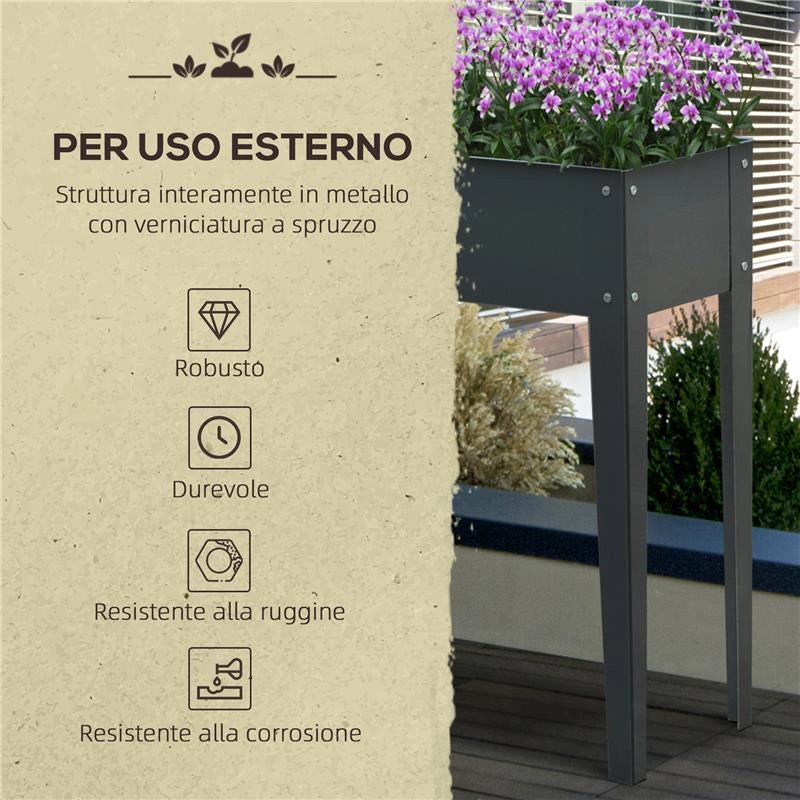 FIORIERA DA ESTERNO RIALZATA IN METALLO CON 3 FORI DI DRENAGGIO, 100X30X80 CM, GRIGIO
