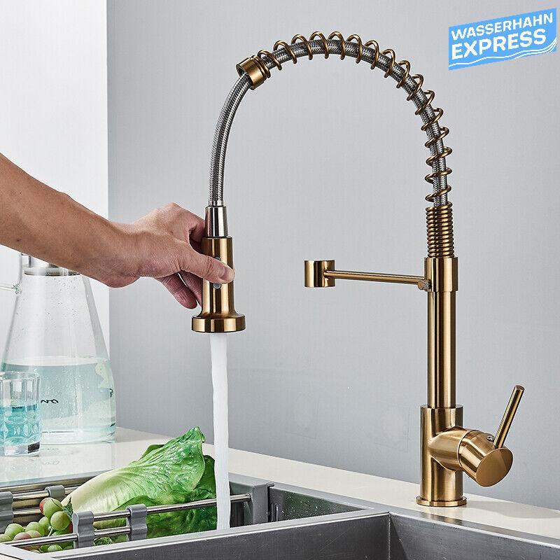 Bernd | Rubinetto gastronomia oro spazzolato molla | Caldaia cucina rubinetto acciaio inossidabile |miscelatore ruotabile 360° Bassa pressione 3 vie