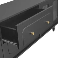Mobile Porta TV in Stile Retro con Maniglie Dorate, Ampio Spazio di Stoccaggio, Porta in Vetro e Gambe in Legno Massello, 175x38x55,5 cm, Nero