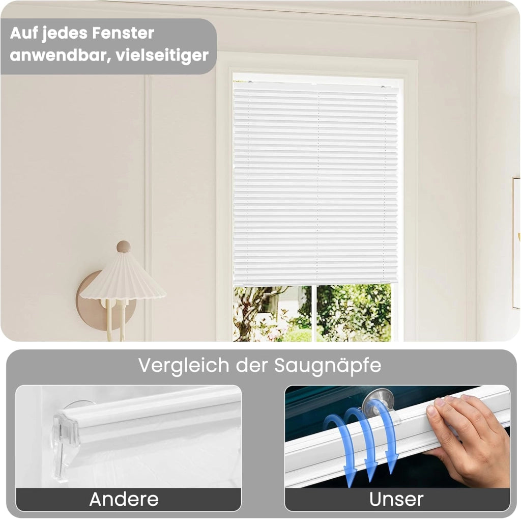 Tenda Plissettata Senza Foratura con Ventose, Tenda a Pieghe Interna Semitrasparente per Protezione Solare, Adatta per Finestre Comuni, Lucernari e Portefinestre, 80x120 cm, Bianco