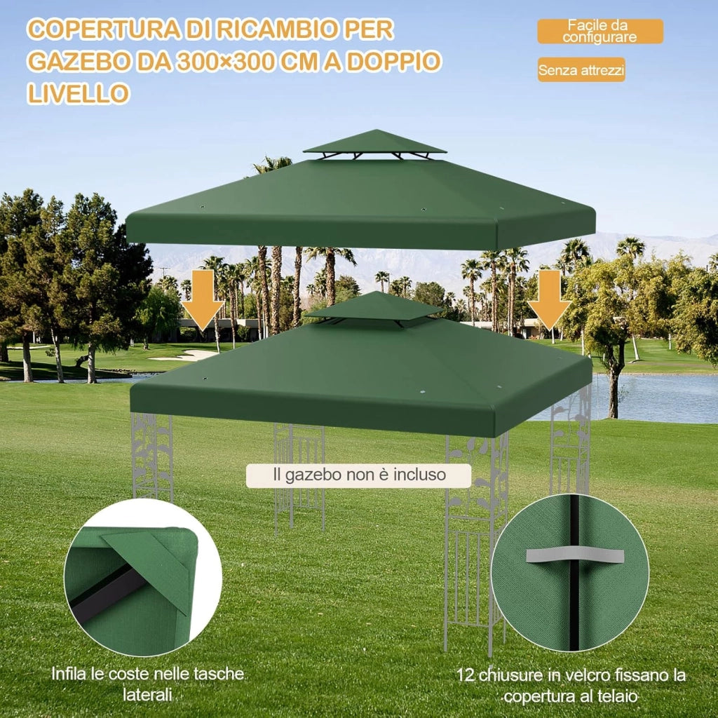 Tettoia di Ricambio per Gazebo da 3 x 3 m, Doppio Strato Superiore, Copertura per Gazebo da Giardino con Gancio e Chiusura a Strappo (Verde scuro)