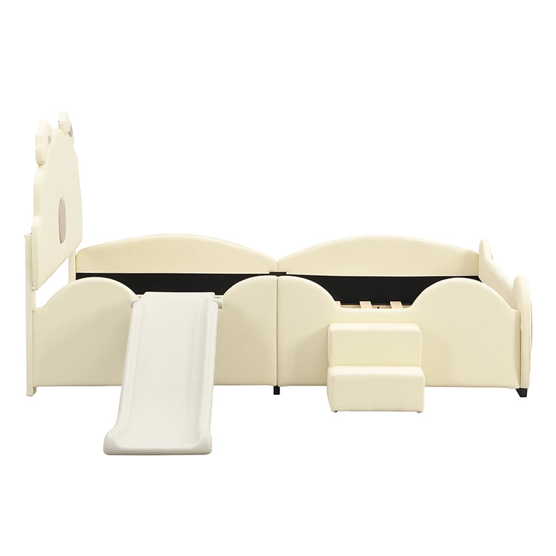 Letto per bambini 140×200 cm a forma di orso con scivolo e scala; senza materasso; PU; beige
