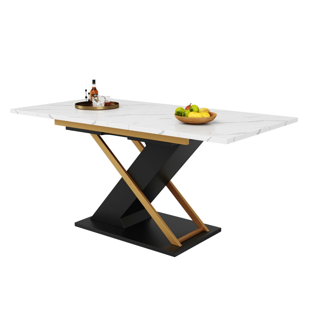 Tavolo da pranzo 120-160x80x75.4 cm allungabile; MDF effetto marmo nero con gambe incrociate
