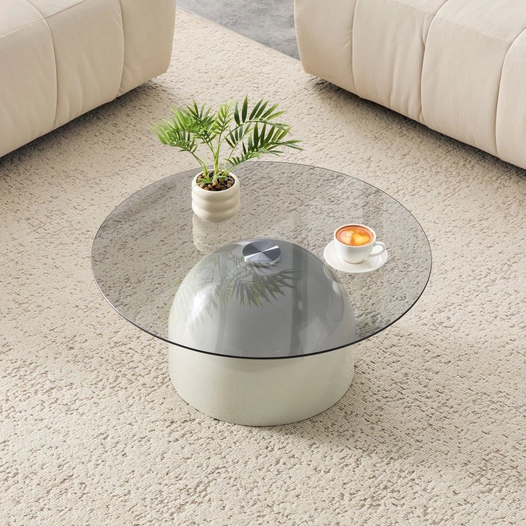Tavolino basso rotondo con piano in vetro temperato e base semisferica antiscivolo, grigio Ø 70 × 30 cm